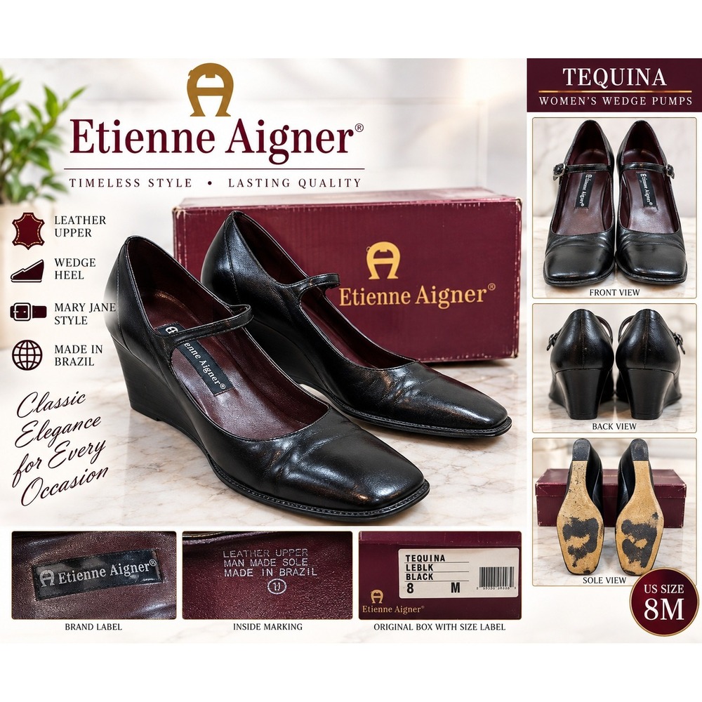 Etienne Aigner Tequina Black Leather Wedge Mary Jane Pumps Square Toe Size 8M